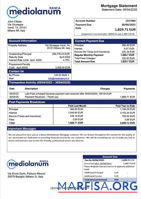 Downloadable Italy Banca Mediolanum mortgage statement Word and PDF template